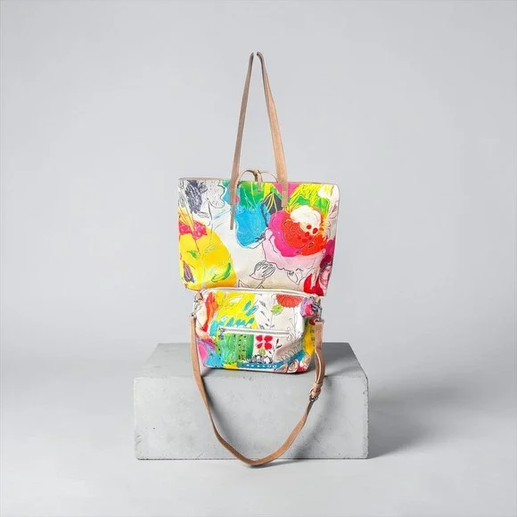 Desigual NWOT Reversible Tote Bag Set Large Floral Tan Pouch Bohemian Chic Art - Picture 5 of 14